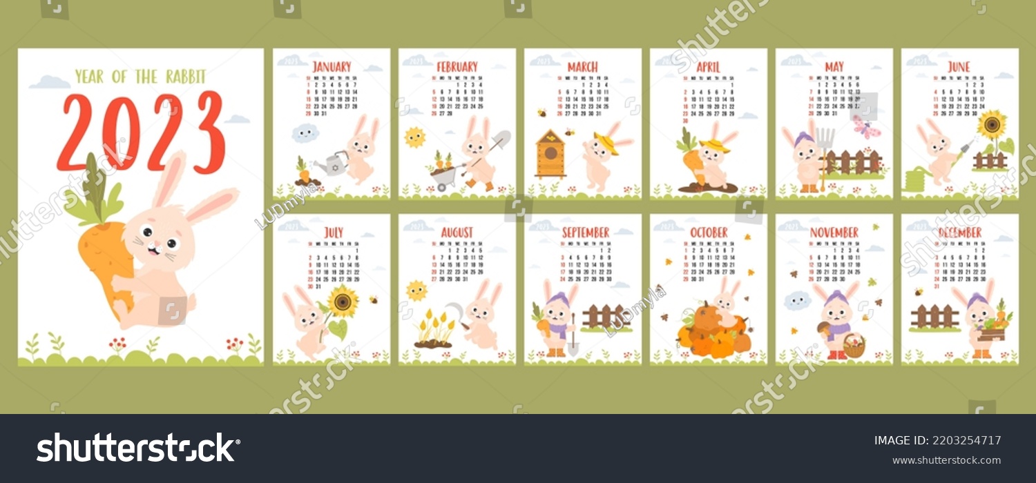 calendar 2023 with cute bunny farmer gardener. Printable planner  organizer 12 vertical monthly page templates and cover. Vector illustration. Week from Sunday in English. mascot year rabbit.