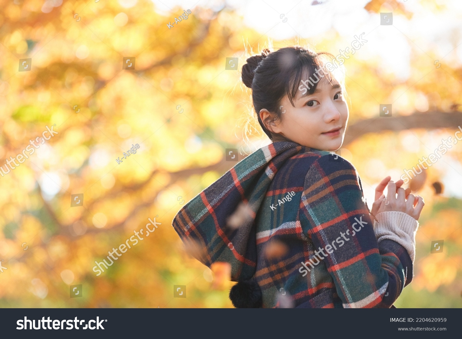 Portrait of a young Asian woman with autumn leaves