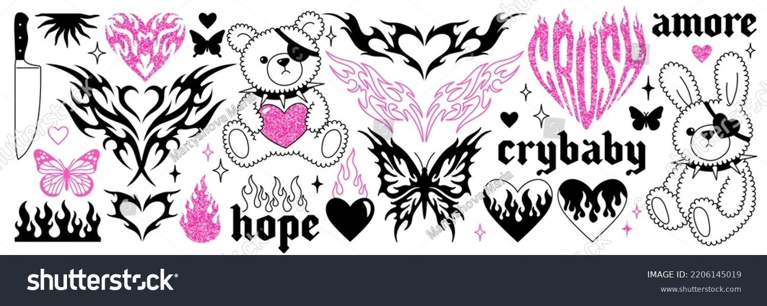 Y2k glamour pink stickers. Butterfly  kawaii bear  fire  flame  chain  heart  tattoo and other elements in trendy emo goth 2000s style. Vector hand drawn icon. 90s  00s aesthetic. Pink  black colors.