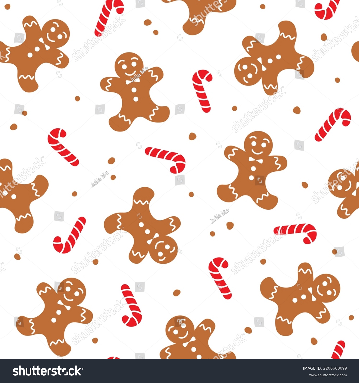 Seamless pattern with gingerbread man and candy canes on white background. Christmas and winter holiday theme. Vector illustration in flat style.