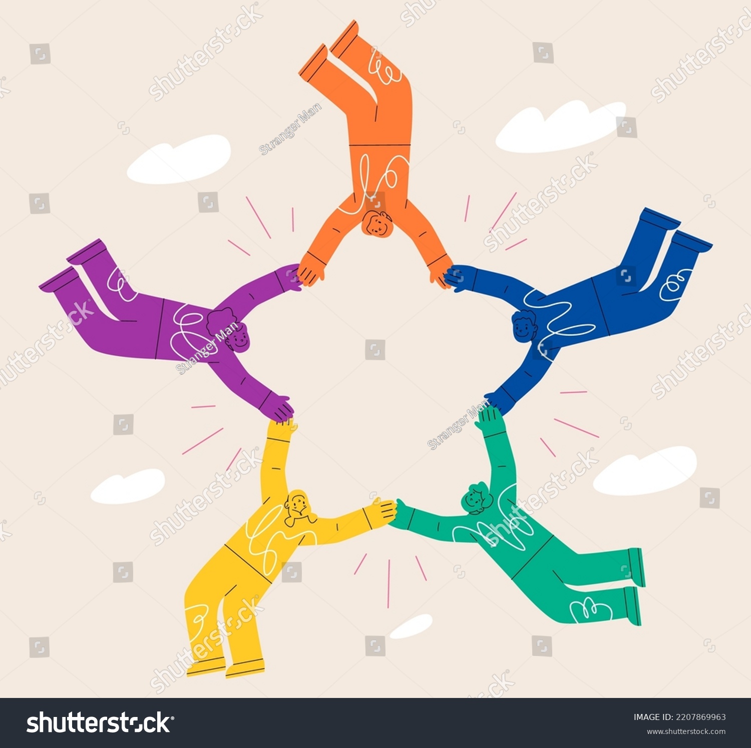 Group of young  people together holding hands. Synchronization  team risk  help each other and trust concept. Colorful vector illustration