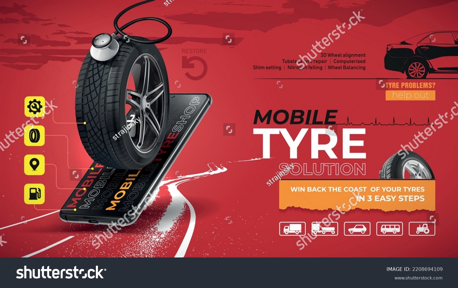 Mobile Tyre Solution.  banner. Advertisement red poster with car tyre wheel rim with rubber