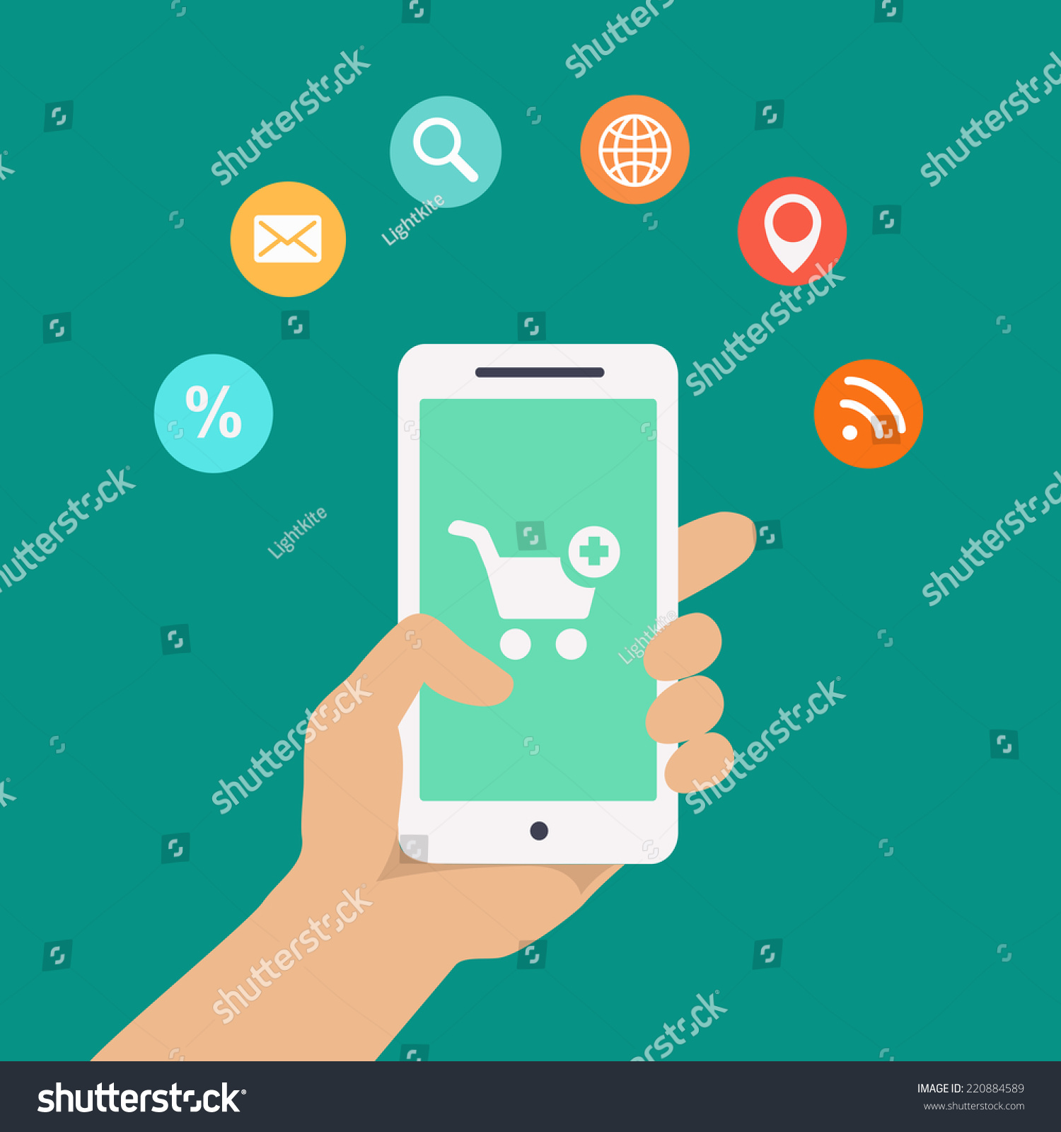 Smartphone apps infographics with a hand holding a phone with circular icons for shopping cloud computing mail wifi  search and route finder or maps