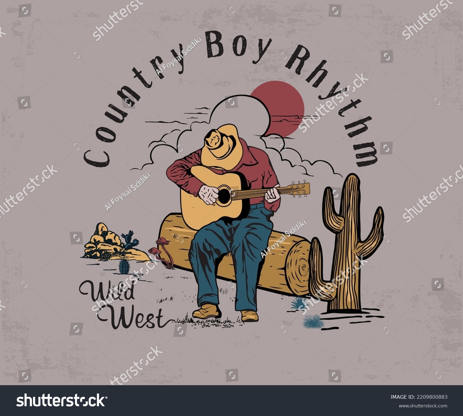 cowboy boy playing guitar illustration with western vintage typography