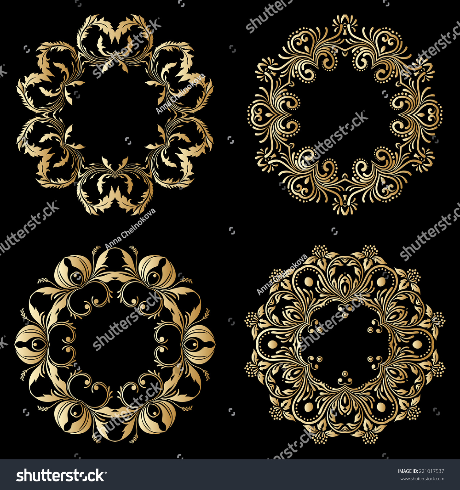 Vector gold floral round ornaments on black background.