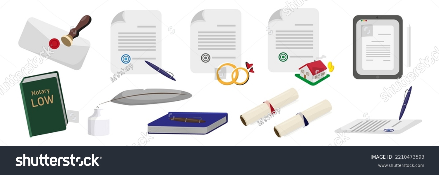 Set of colorful legal documents in cartoon style. Vector illustration of documents for the right of power  marriage certificate  papers for notary  laws on white background.