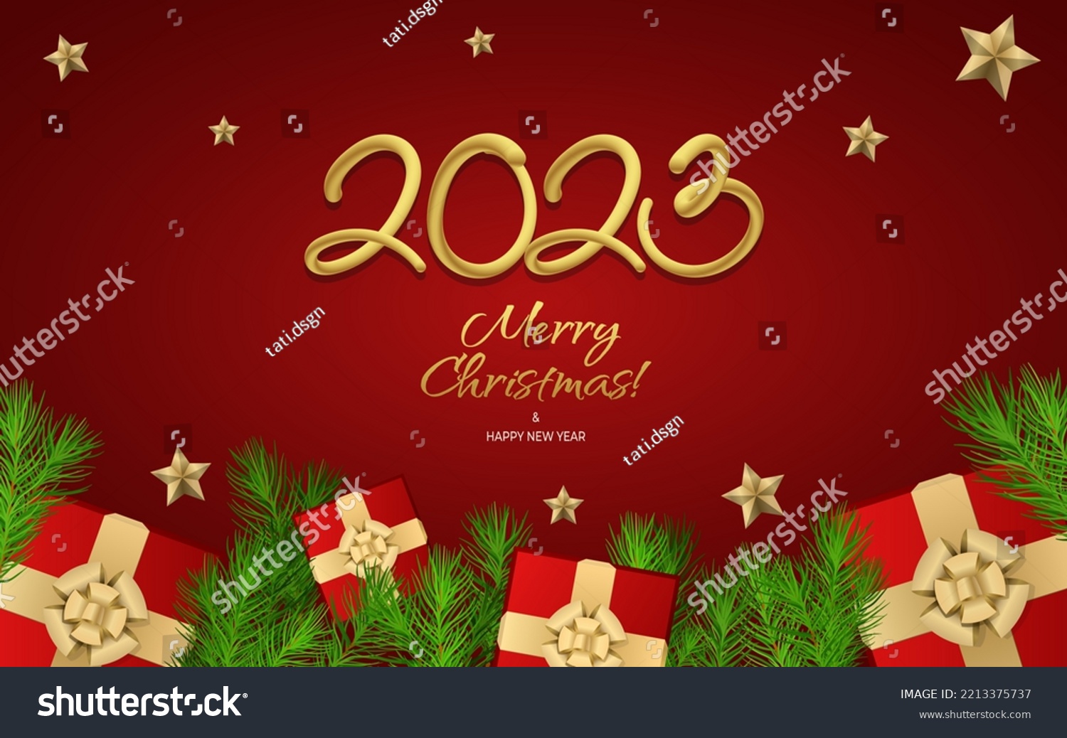 Happy new year 2023 greeting vector templates. Merry Christmas design greeting text with colorful Christmas decor elements such as a gift  fir tree branch  stars on a red background with luxury gold.