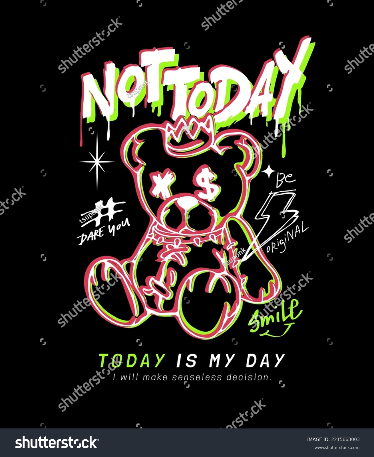 typography slogan with colorful bear doll graphic vector illustration on black background