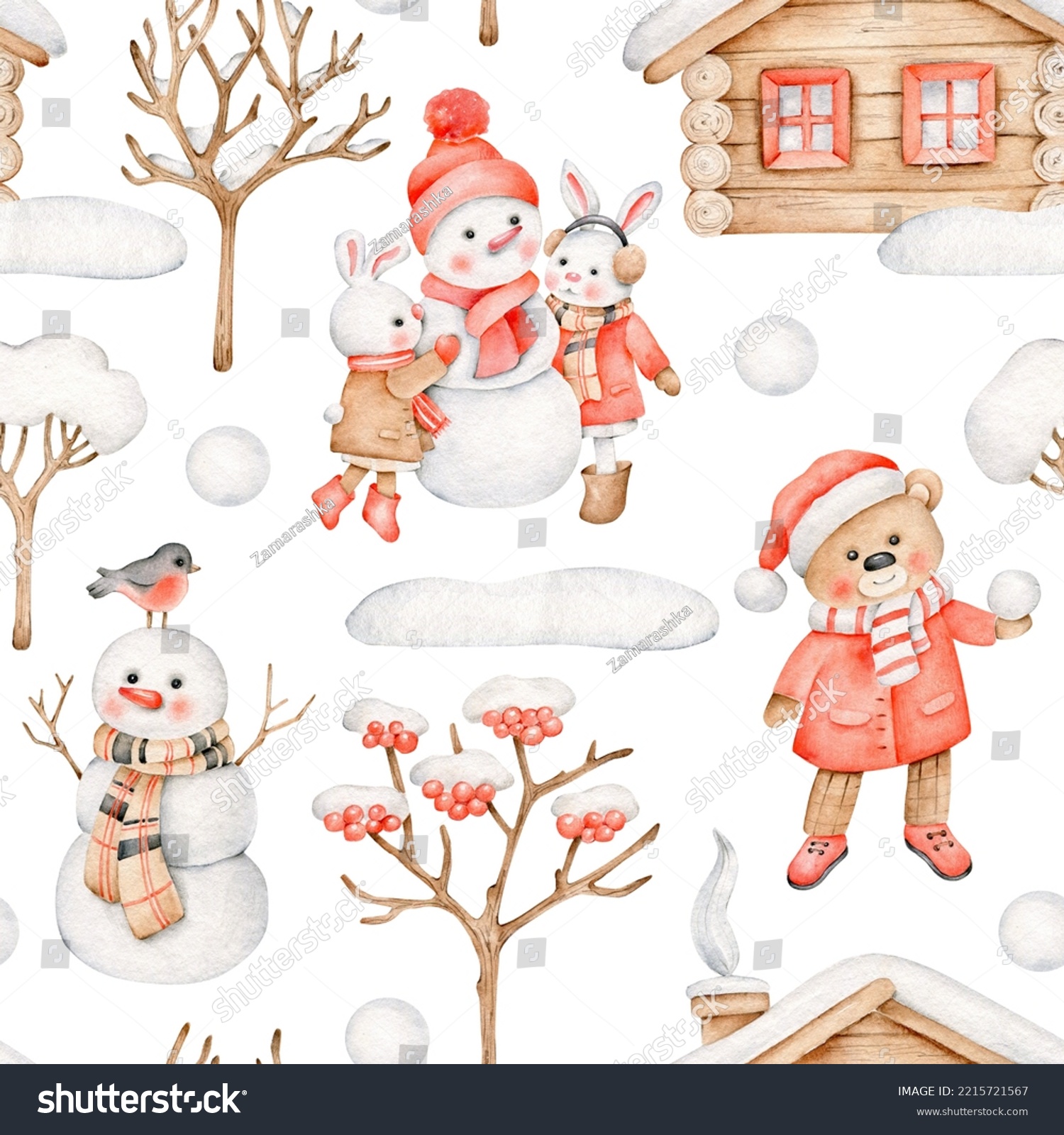 Winter pattern.Snow.Make snowman.Christmas background.Cute animals in winter clothes.New year.Outdoor.Cold weather