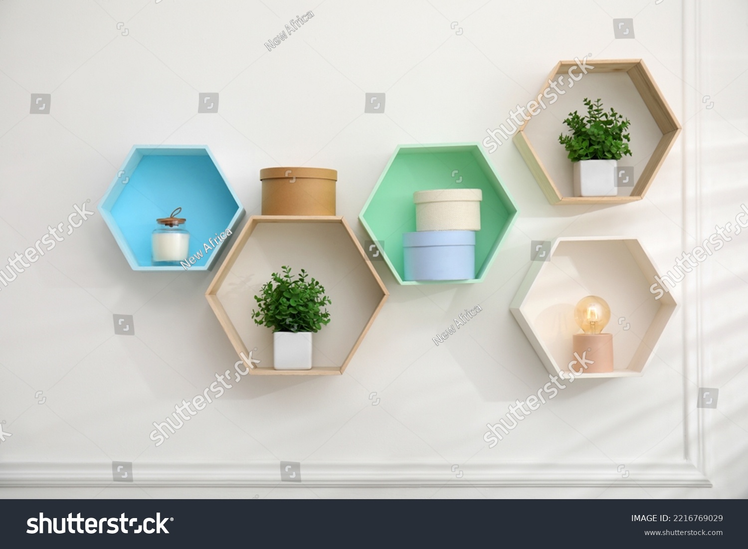 Honeycomb shaped shelves with decorative elements and houseplants on white wall