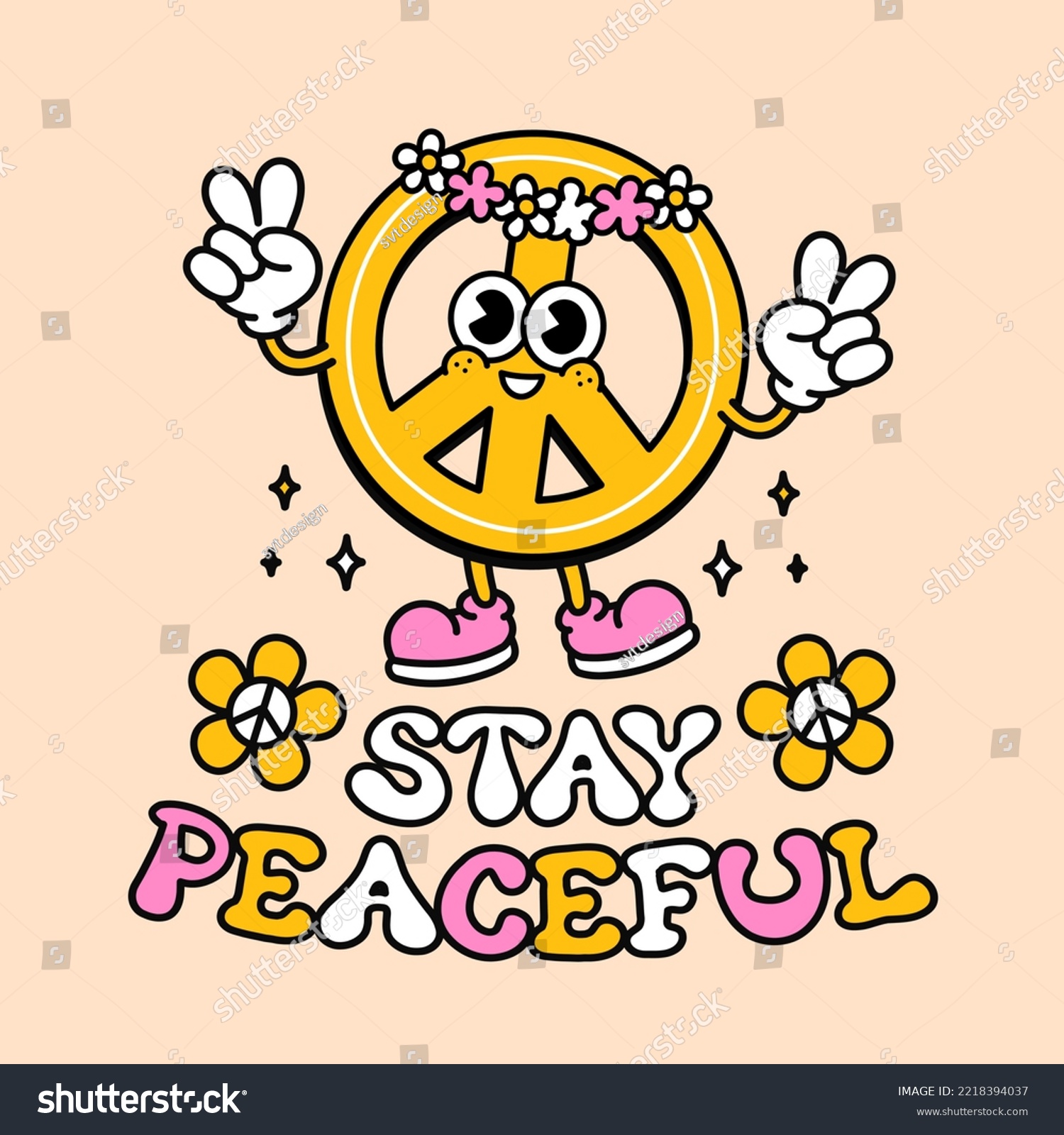 Cute funny peace sign t-shirt print design. Vector retro vintage cartoon character illustration. Funny hippie peace symbol slogan print for t-shirt poster sticker logo art concept