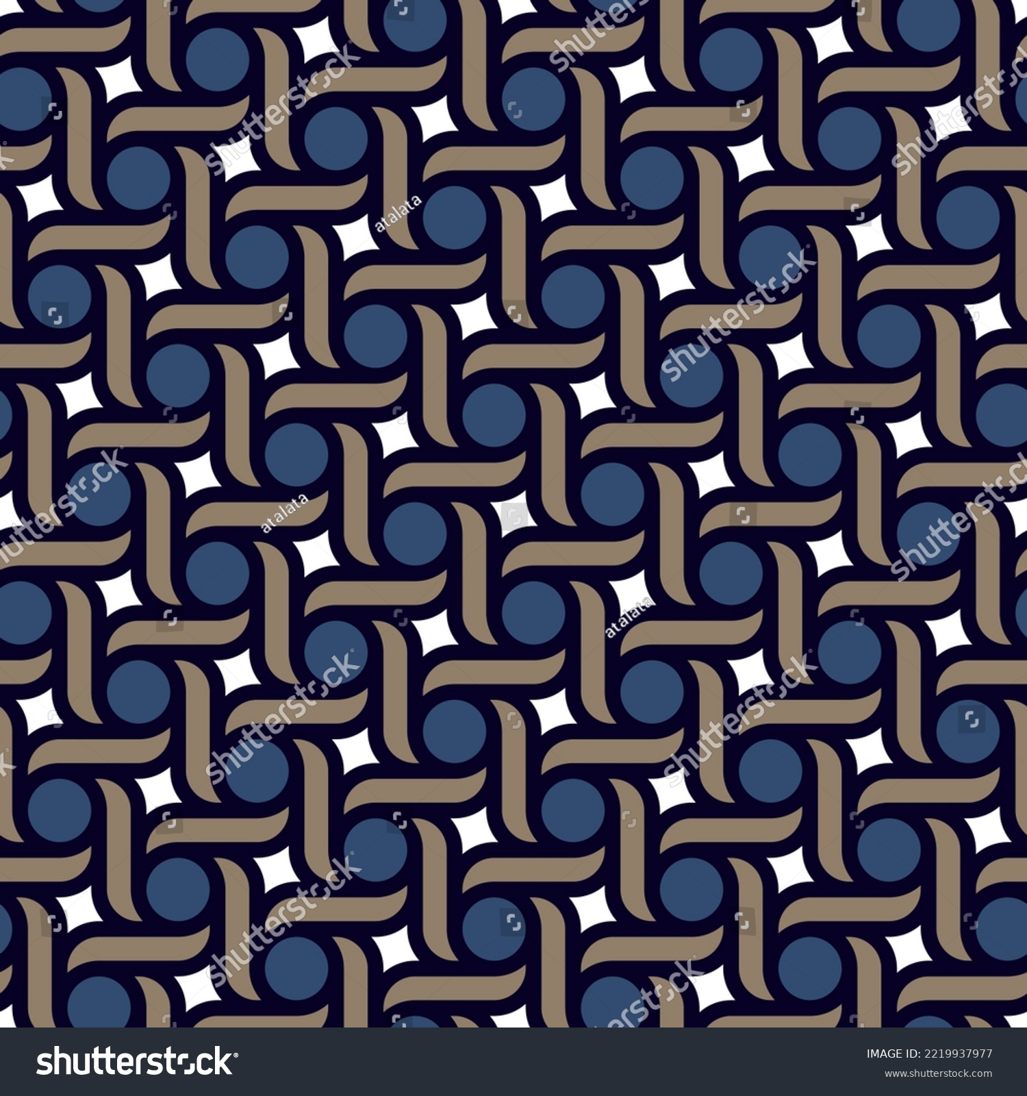 Geometric background seamless twisted circle knot pattern abstract minimalist fabric print classy colorful ornament grid graphic style. Casual repeating textile design  gold  blue  white colors.