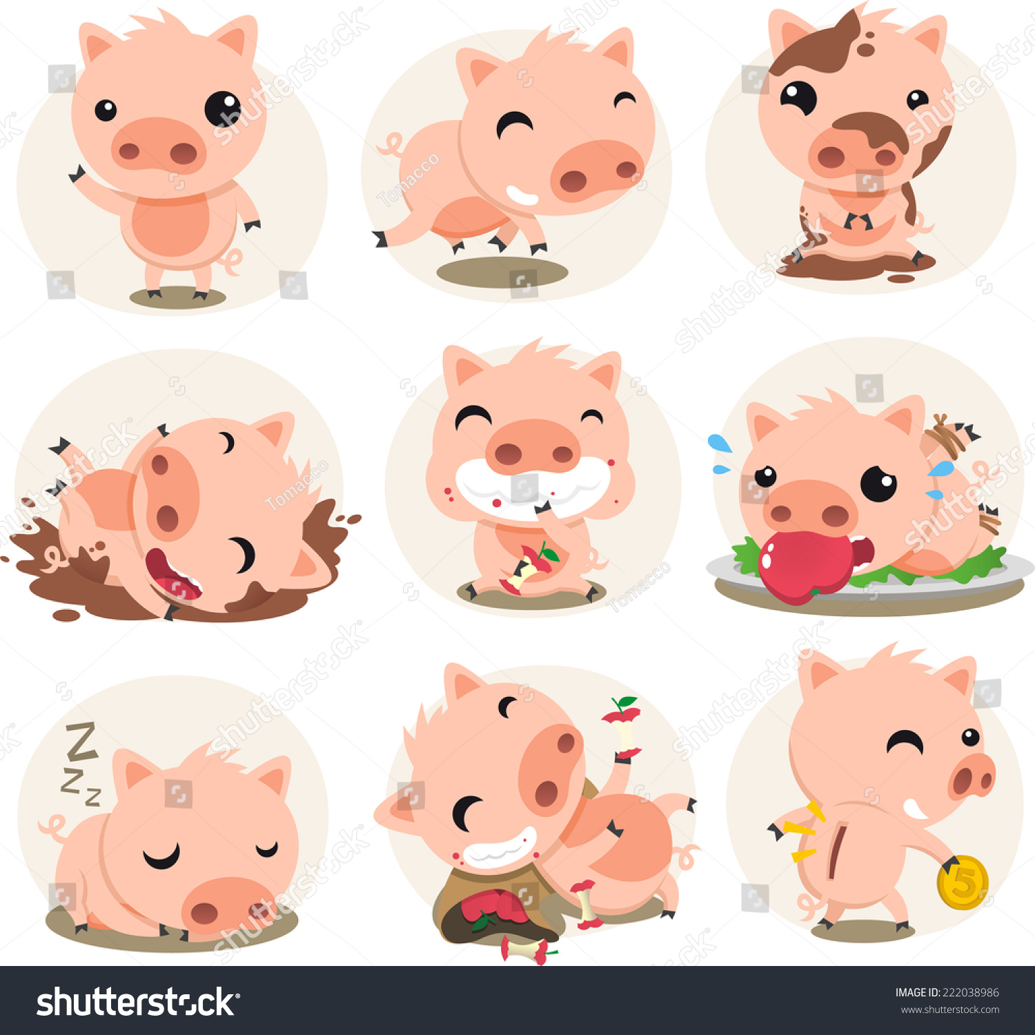 Little Pig cartoon action set  in different situations like waving  running  playing in the mud  smiling  pig eating an apple  sleeping vector illustration. 