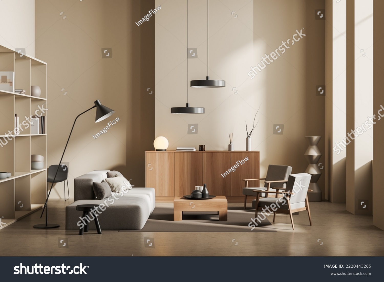 Beige living room interior with sofa and two armchairs drawer coffee