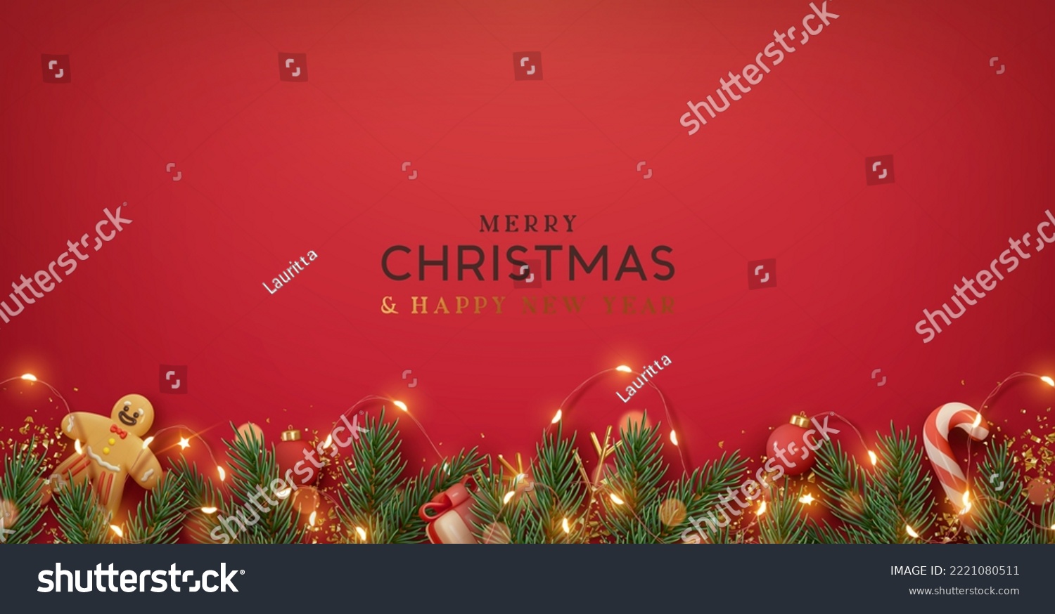 Christmas border with fir branches and decoration ornaments elements on red background. Realistic 3d design. Bright Christmas and New Year background light garlands  gold confetti. Vector illustration