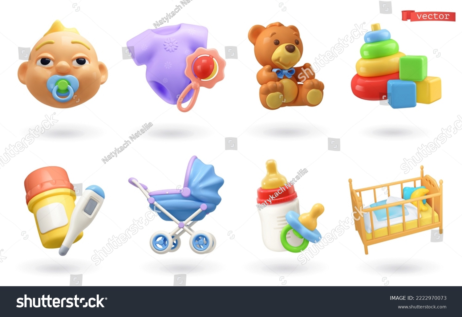Baby cartoon 3d vector icon set. Child clothes bear toys medicine