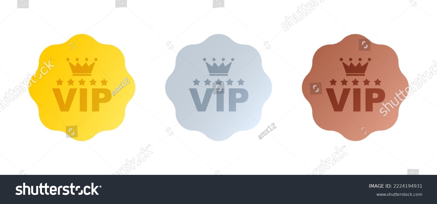 Vip label  badge or tag. Vip icons with crown and stars. Round label with three vip level in gold  silver and bronze color. Modern vector illustration