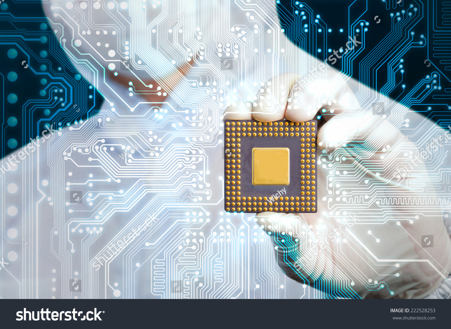 scientist in jumpsuit holding microchip and electronics circuit glow