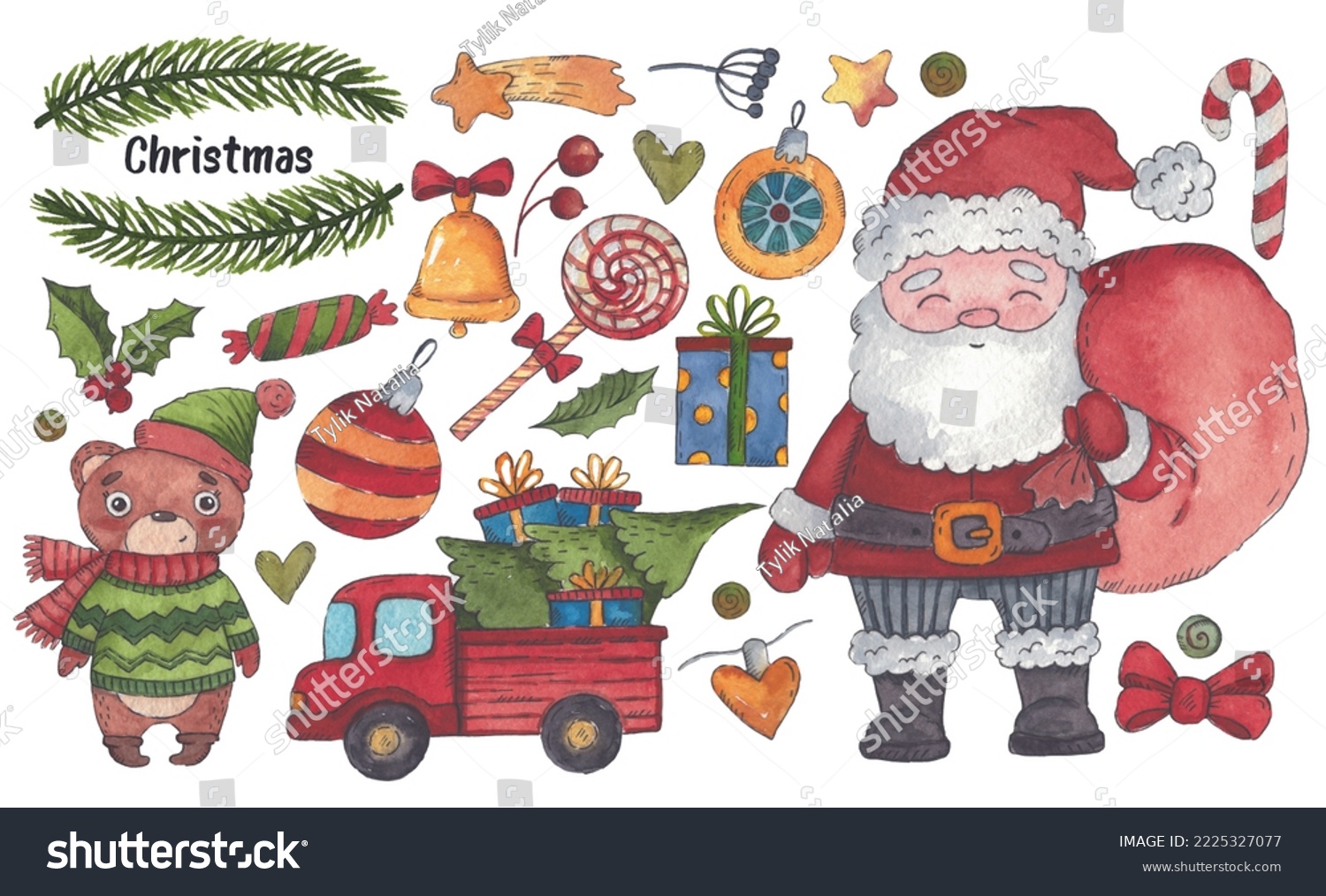 Watercolor illustration of Christmas and New Year elements. Weihnachten ...