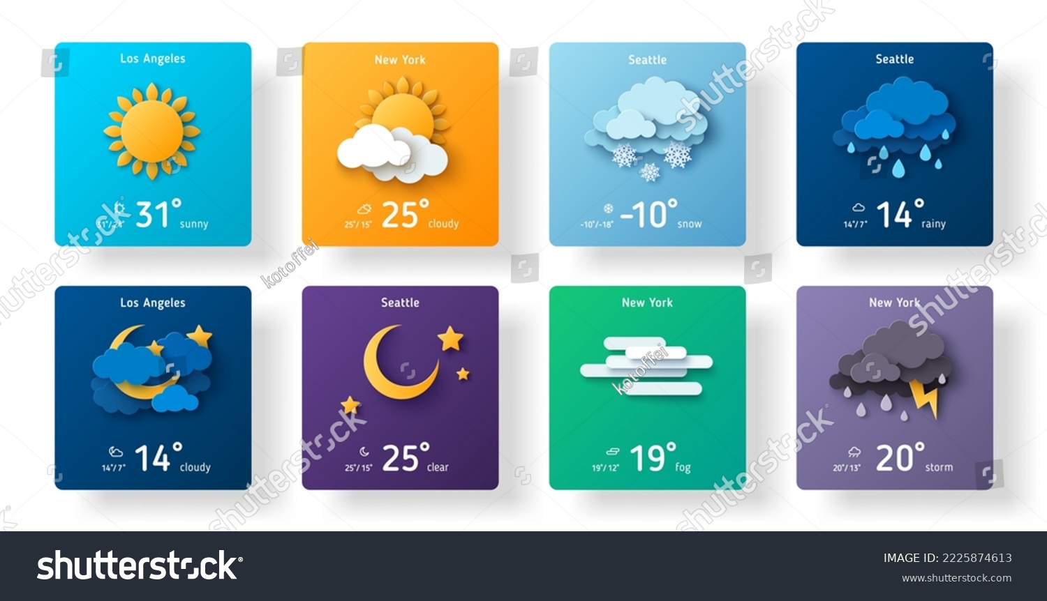 Weather forecast widget icon set paper cut style. Vector illustration