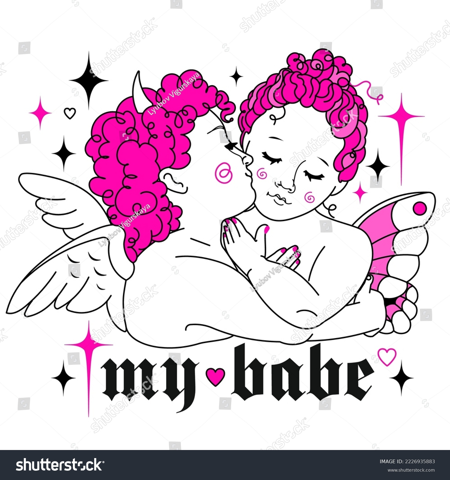 Baby angels together. Y2k style love concept  baby devil and cute angel. Fun vibrant goth aesthetic print with slogan. Weird gothic hand drawn illustration  pink color  90s  00s cool aesthetic.