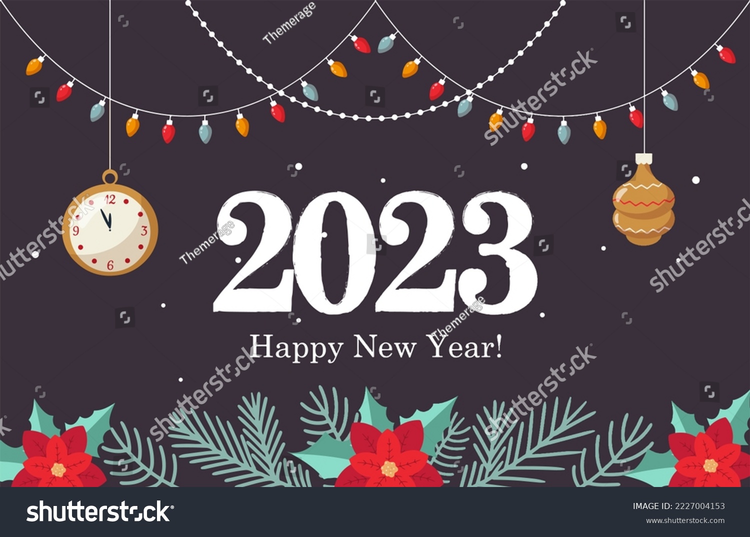 inscription 2023 and Happy New Year New Years banner with Christmas tree decorations