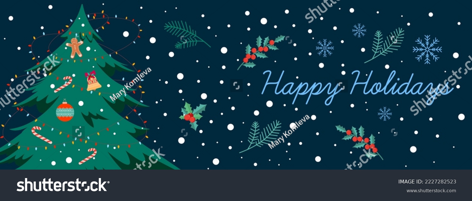 Winter holidays banner design with christmas tree decorated with toys inscription happy holidays with snow flakes.Vector horizontal flat illustration isolated on dark background. Holiday card template