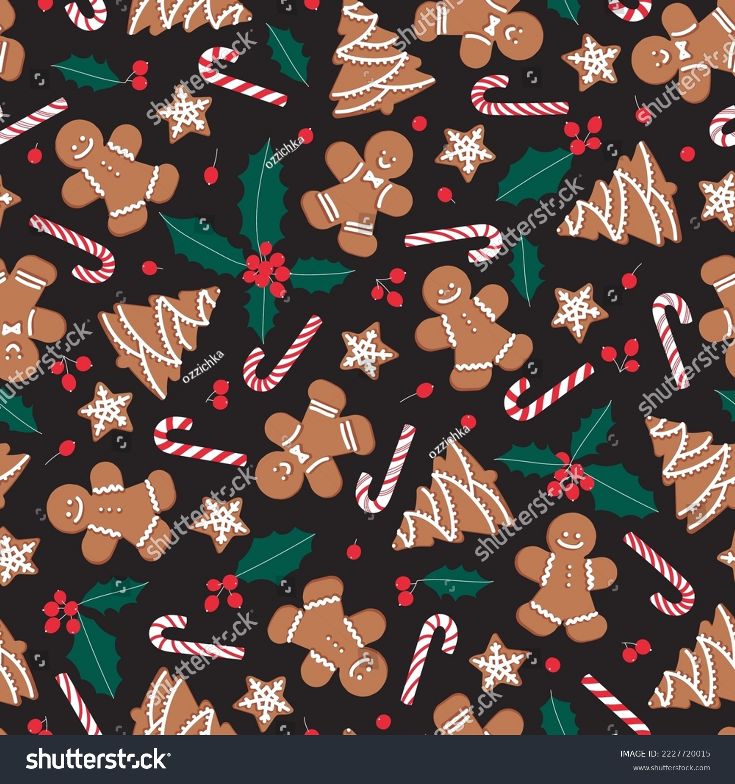 Gingerbread men  trees  stars with candy canes and holly leaves and berries on black background. Seamless vector pattern for new year's day. Christmas holidays  cooking  new year's eve background.