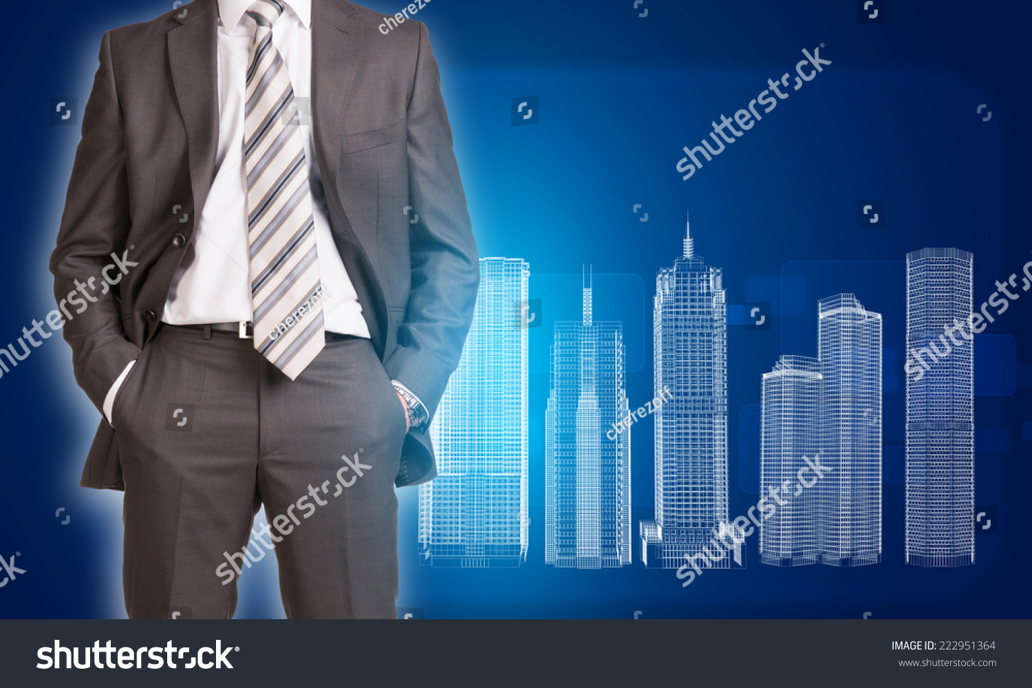 businessmaninsuitstandingandholdshandsinpocketsglowingwireframe