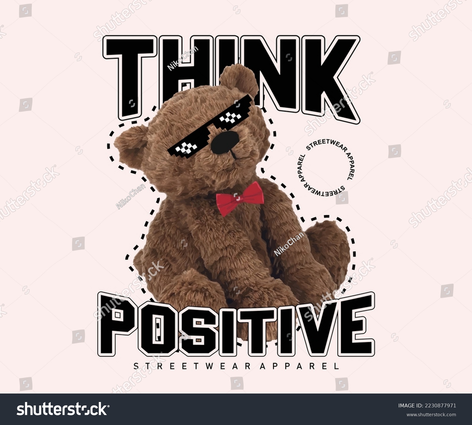 think positive slogan  with teddy bear wearing sunglasses  graphic vector illustration on black background for streetwear and urban style t-shirt design  hoodies  etc