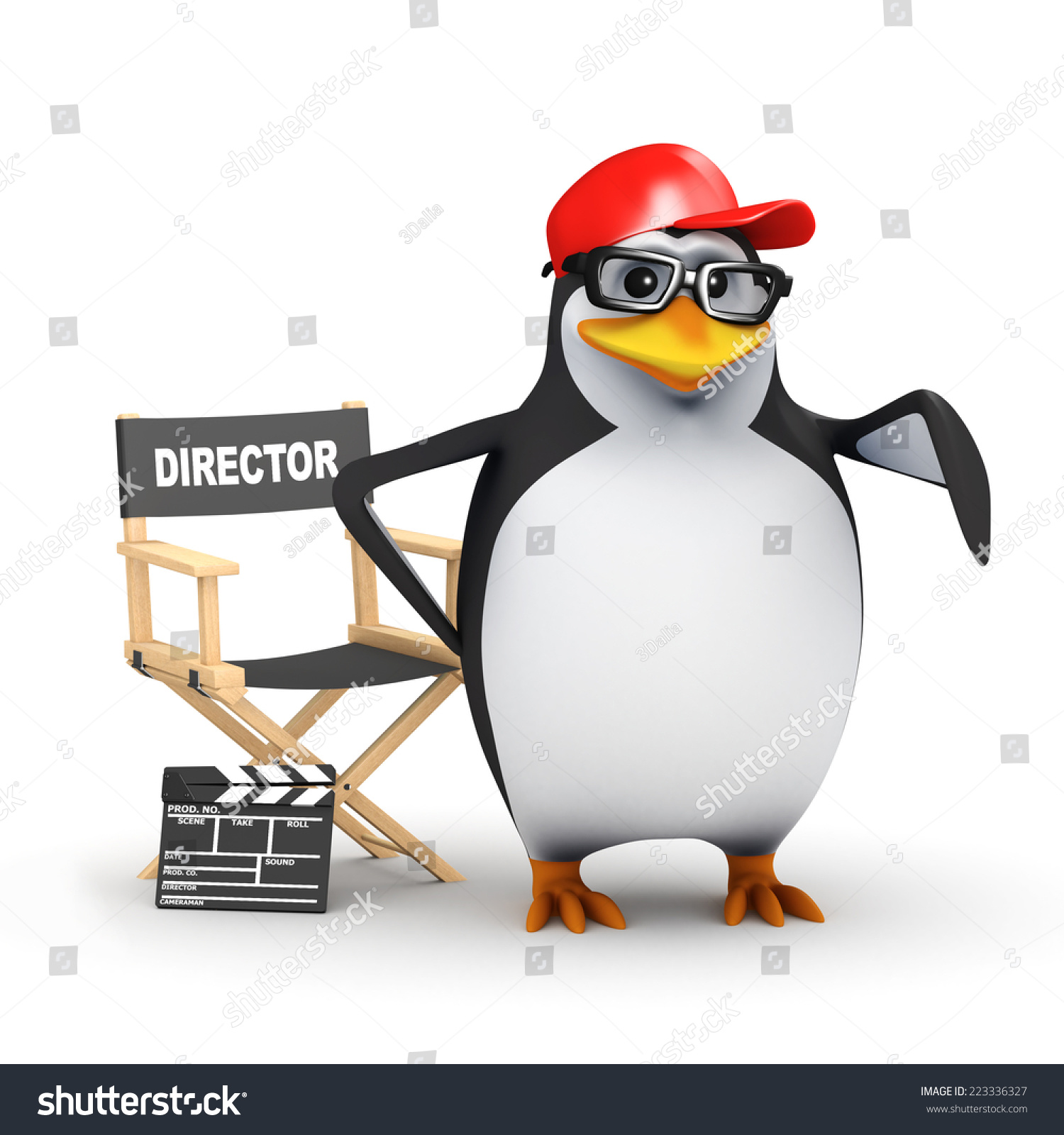 3d render of a penguin with his directors chair and clapperboard