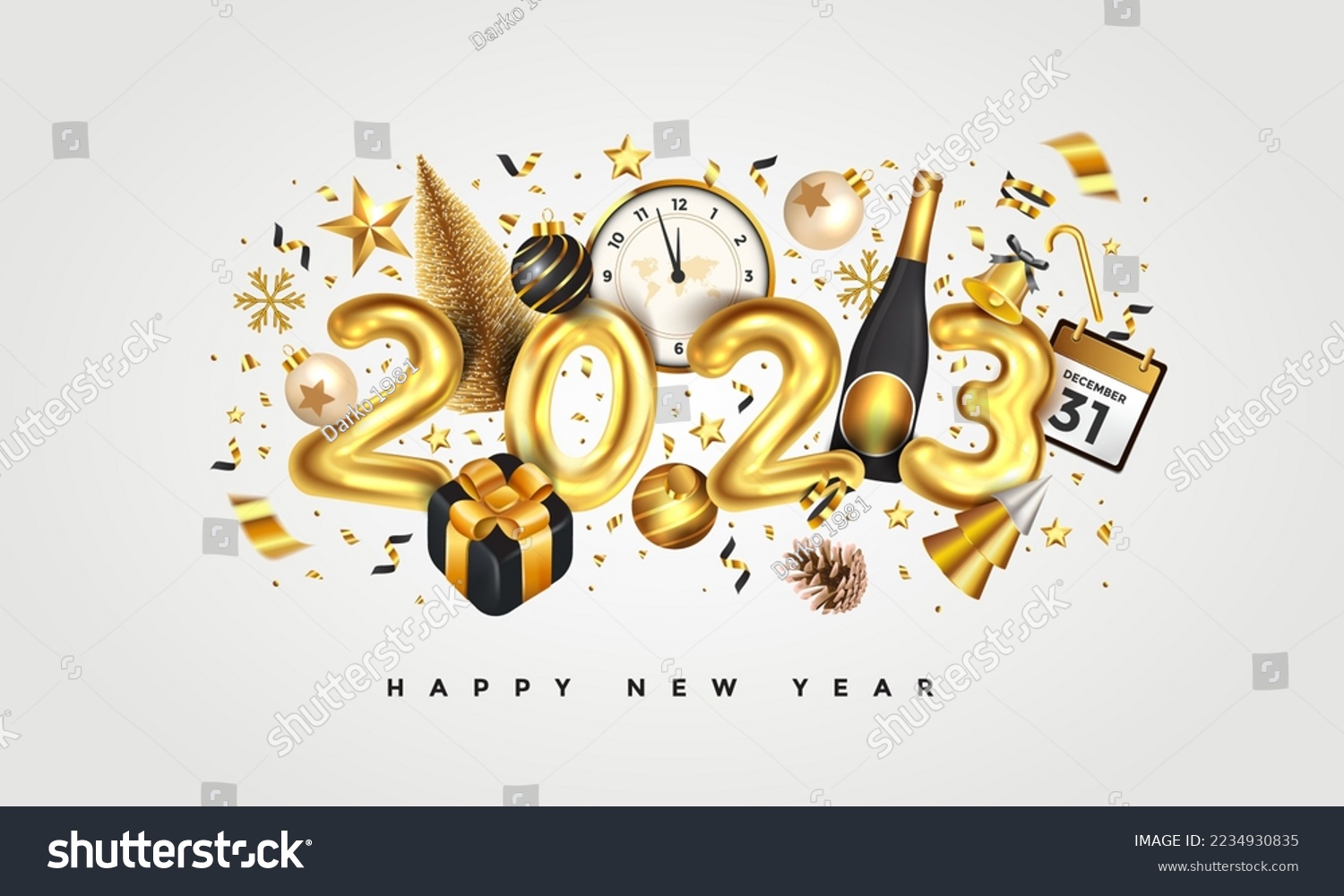 Happy New Year 2023. Golden metal number on white background. Festive realistic decoration. Web Poster  banner  cover card  brochure  flyer  layout. Vector 3d illustration