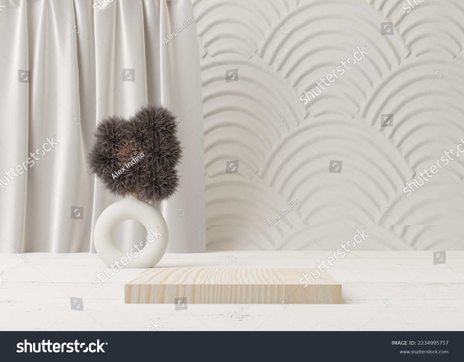 3D podium display on white and beige background and modern round vase. Bright cosmetic beauty product promotion pedestal. Nature showcase composition . Abstract minimal studio 3D rendering