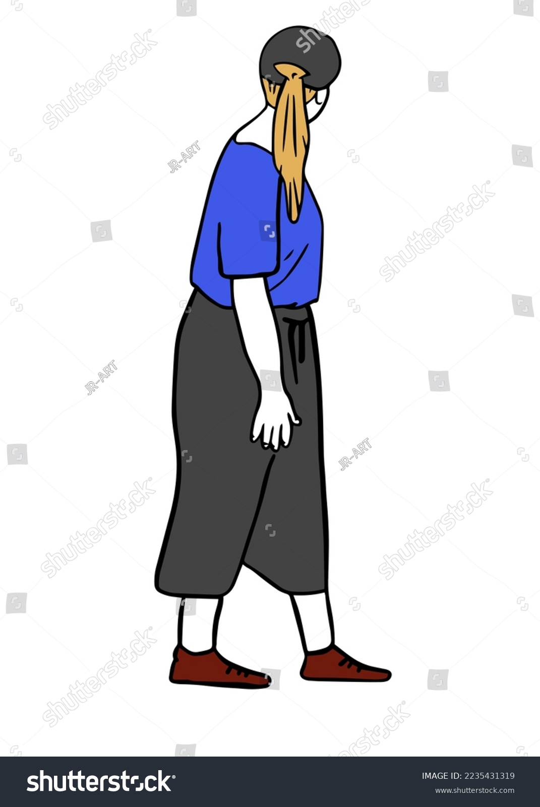 A woman wearing loose clothing looks back. isolated vector graphic.
