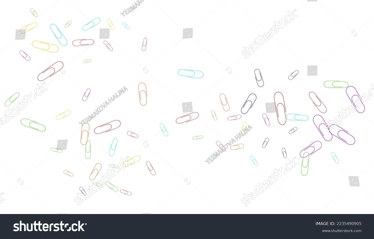 Paper clips are scattered on a white background. Decorative element. Background for design  school and office supplies