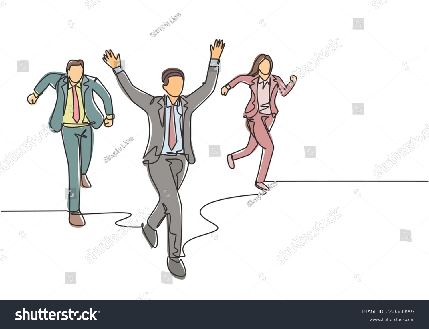 One single line drawing of young male female worker happy after winning cross the finish line beating his friends. business running competition concept continuous line draw design vector illustration