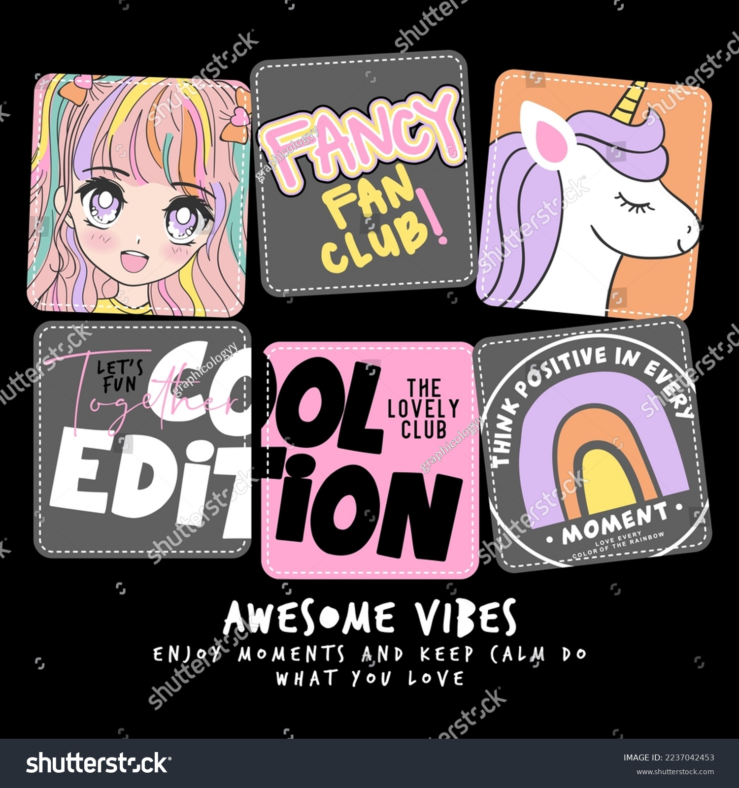 Cute illustrations and slogans filled to squares.Vector illustration design for cute graphic  t shirt print.