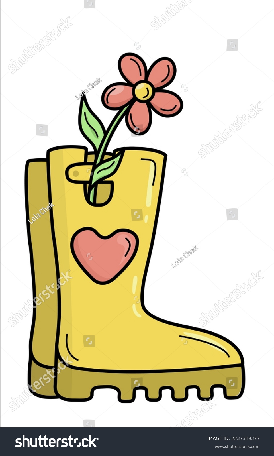 Isolated  color vector illustration rubber boots with heart on it and a flower inside with black outline. Spring  summer  autumn garden theme. Good for web and mobile design.