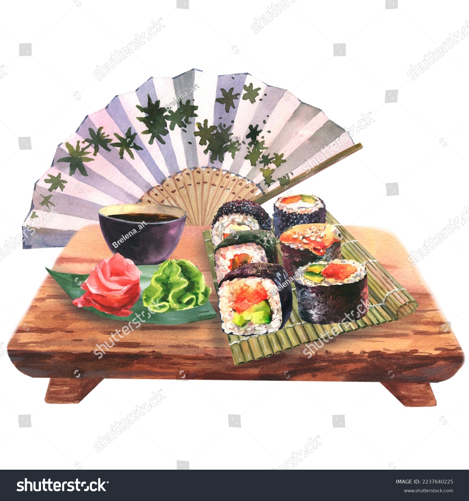 Watercolor illustration of a set of sushi on a plate  ginger  wasabi  soy sauce  chopsticks and japanise fan on a wooden board  isolated on a white background.