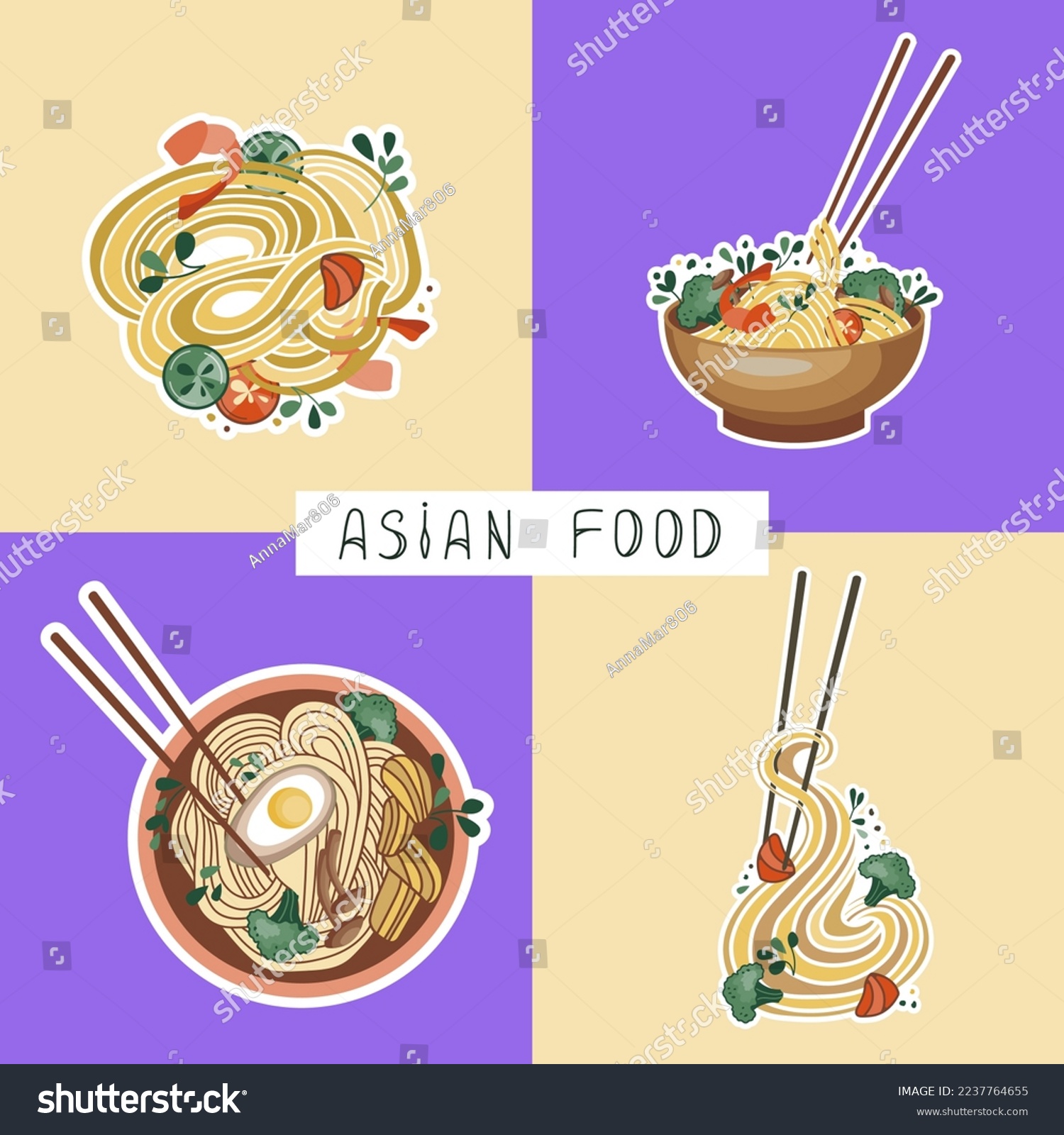 Asian food stickers. Udon or ramen soup. Noodles and rice with seafood. Suitable for restaurant banners  logos  and fast food advertisements. Korean or Chinese food.