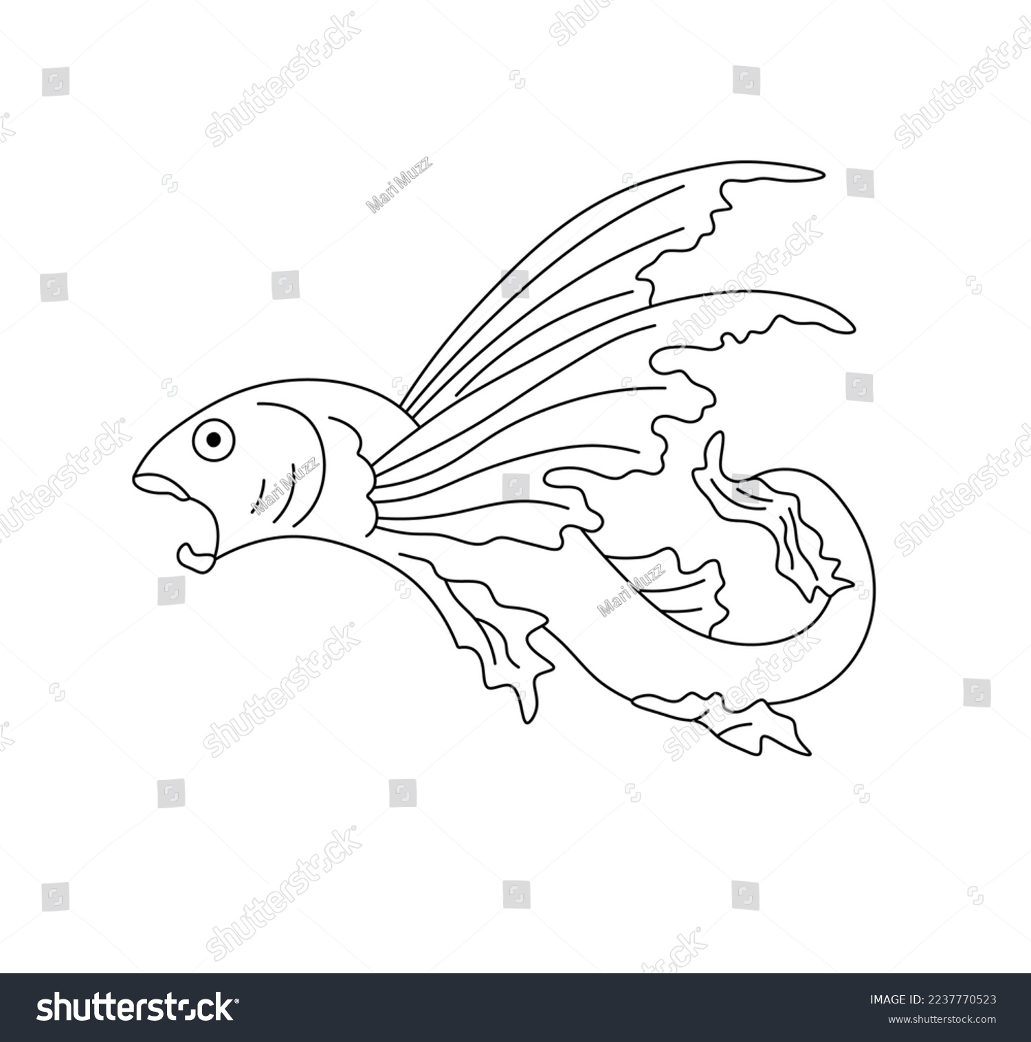 Vector isolated one single flying  curly fish lionfish side view colorless black and white contour line easy drawing