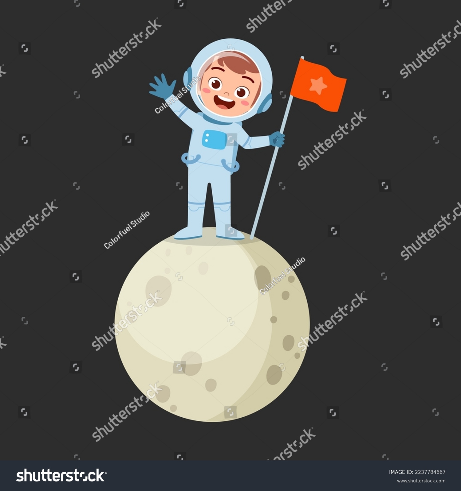 little astronaut costume and stand on moon holding flag