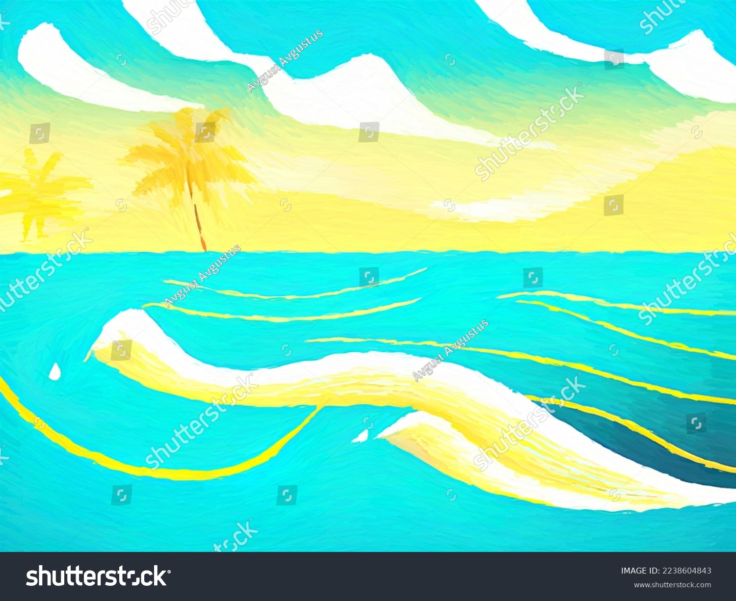 Digital art painting - sea and mountains tropical landscape. Simple forms illustration. Graphic drawing paradise resort in pastel colors.