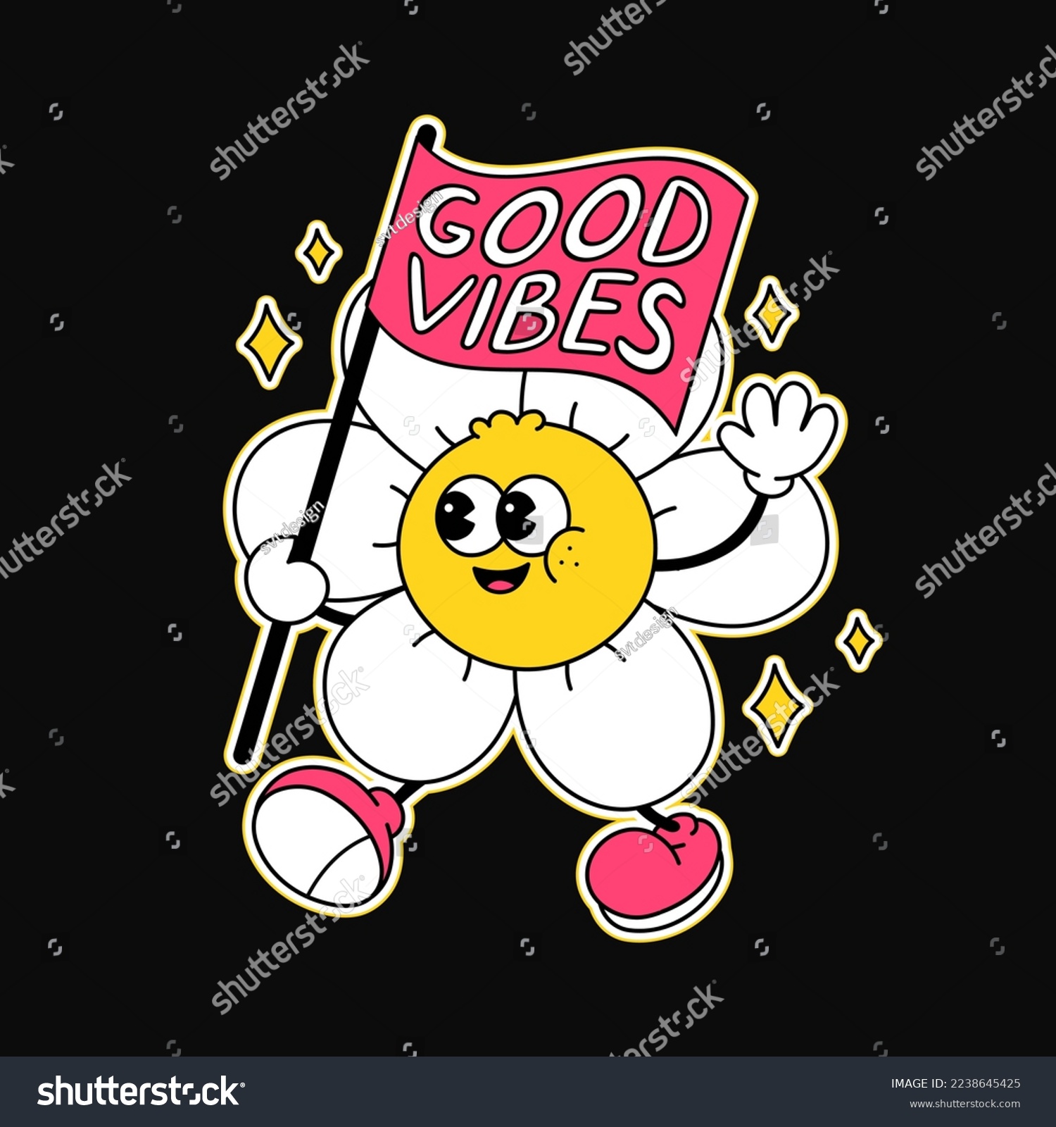 Cute funny flower with flag t-shirt print design. Vector retro vintage cartoon character illustration. Funny hippie flower chamomile good vibes slogan print for t-shirt poster sticker logo art concept