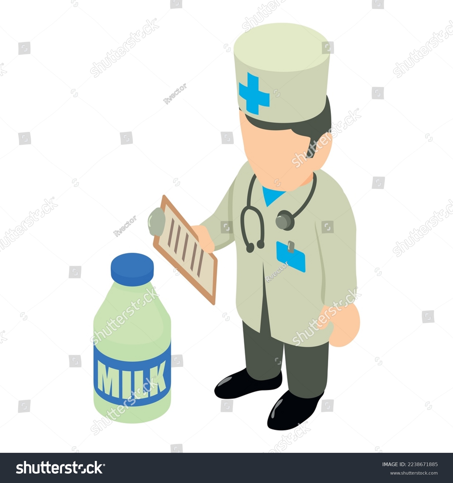 Healthy eating icon isometric vector. Man nutritionist doctor and milk bottle. Healthy food  healthcare  dietology