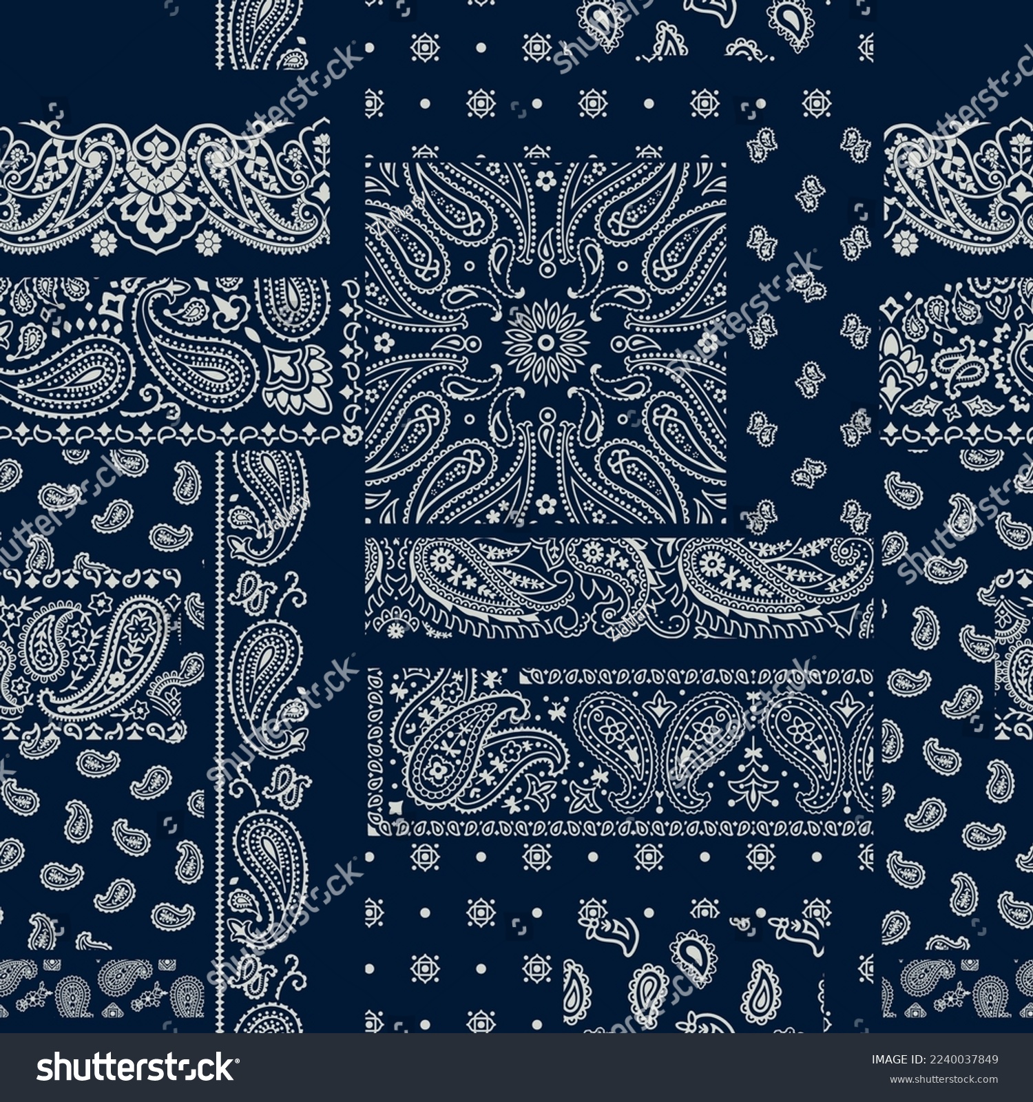 Blue paisley bandana fabric patchwork abstract vector seamless pattern