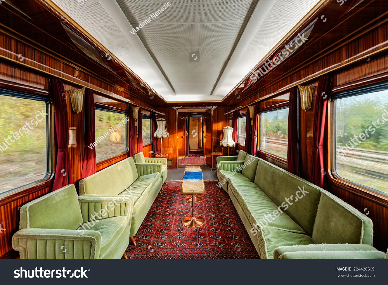 interior of luxury vinitage old train carriage from 1950
