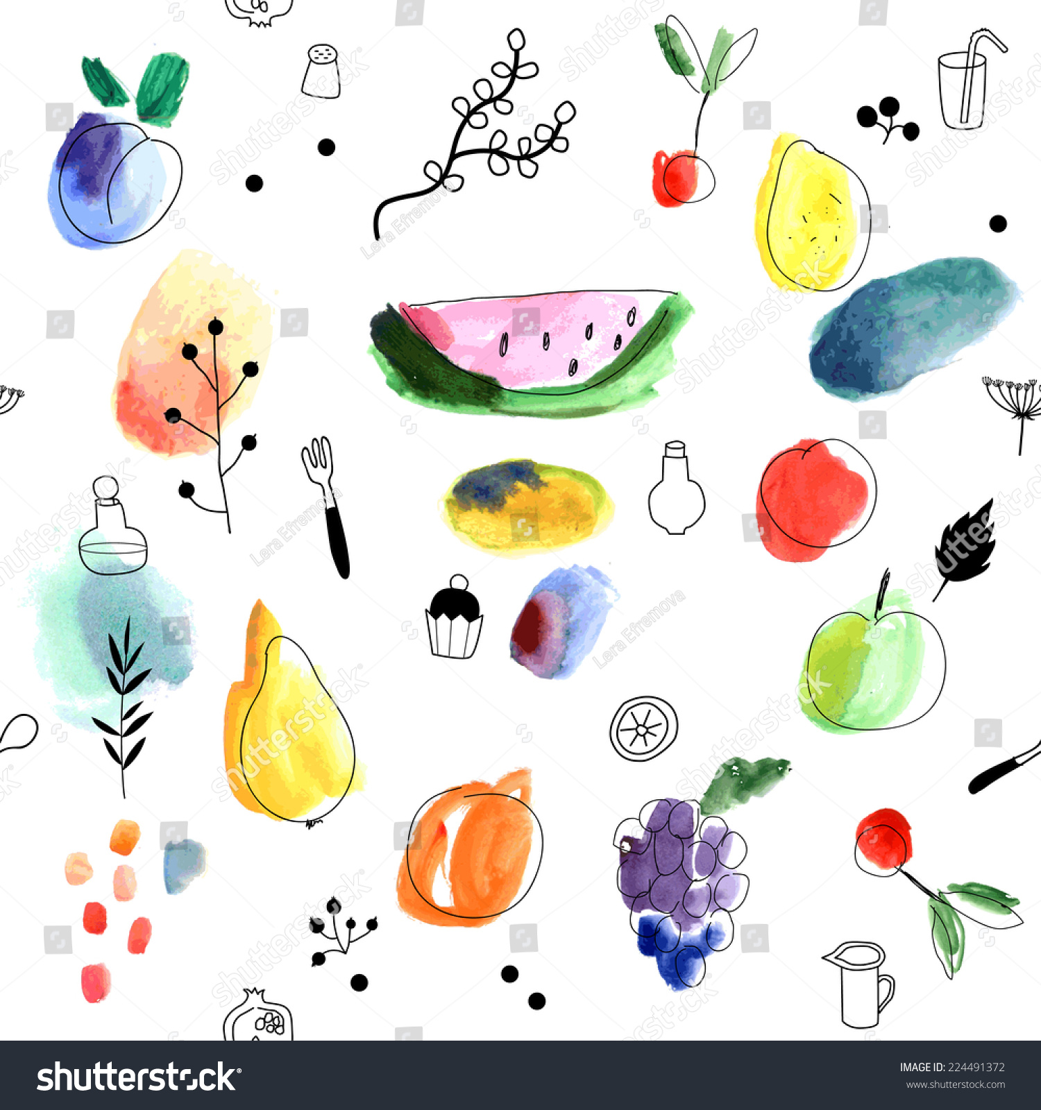 Seamless pattern with fruits  berries on a white background. Watercolor art. Freehand creative illustration.