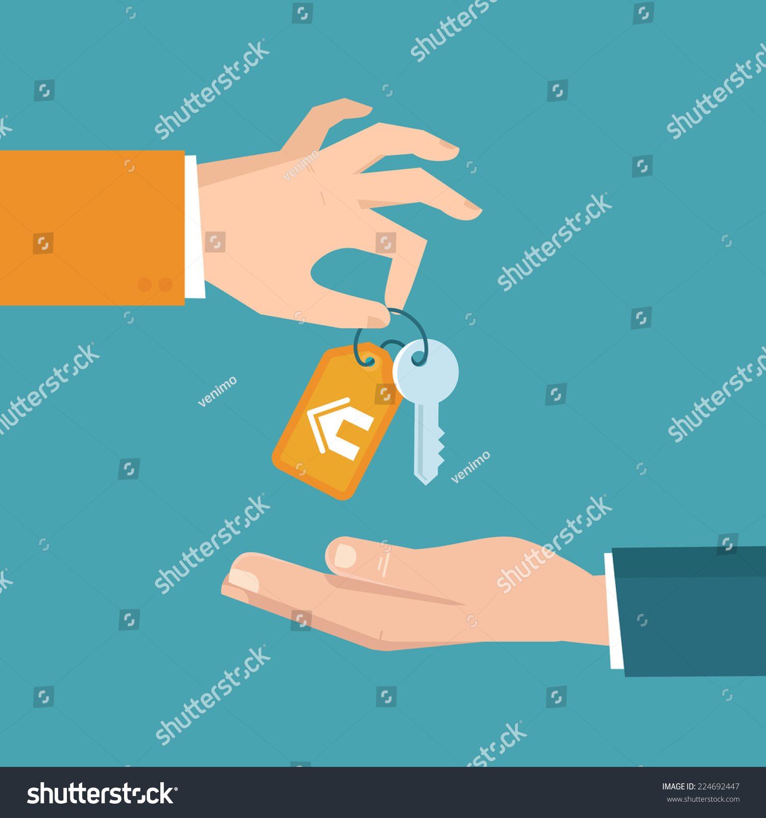 Vector real estate concept in flat style - hands giving keys - sell house icon