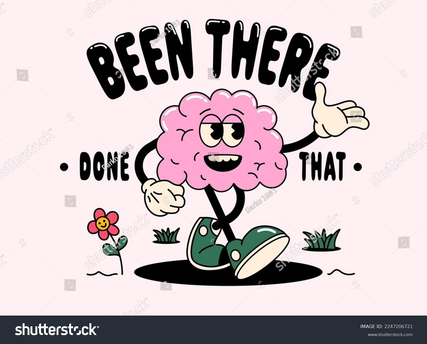 Funny cartoon character of Brain. Can be used as Sticker  posters  prints. The comic elements in trendy retro cartoon style. Vector illustration